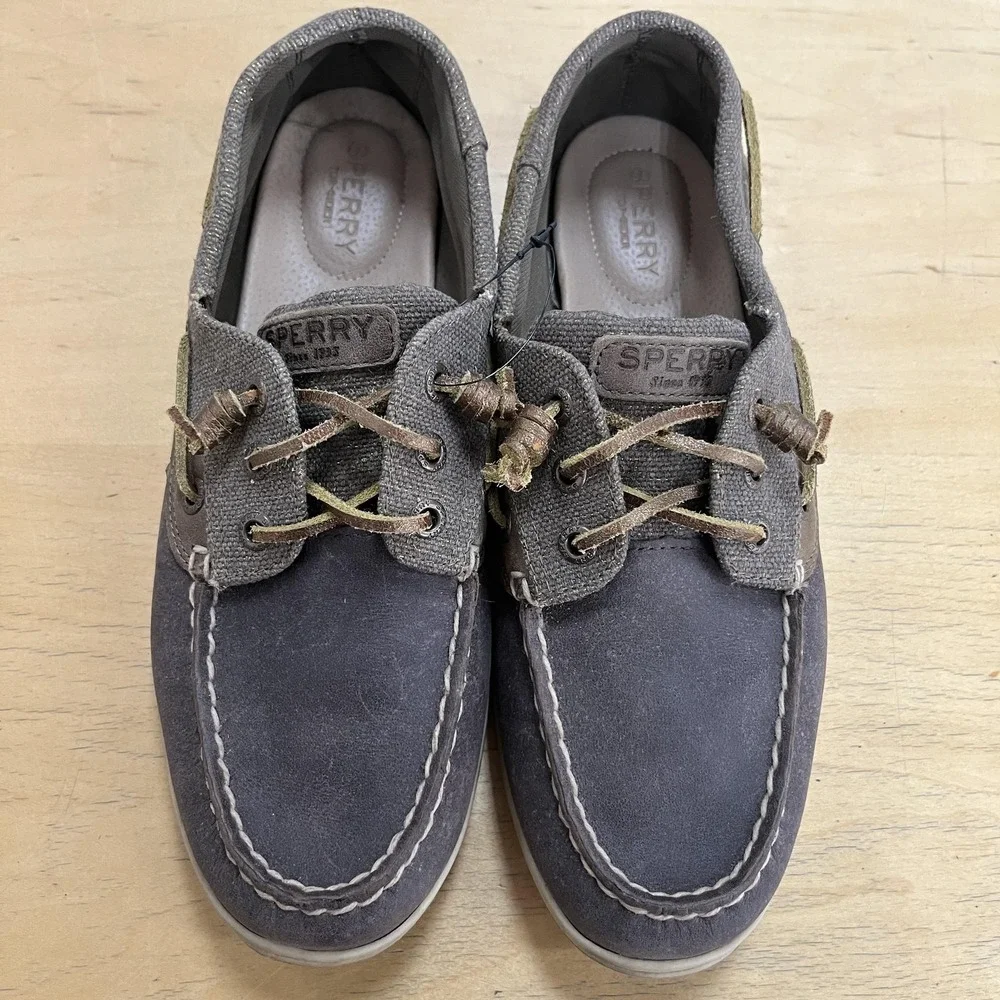 Sperry Top-Sider Boat Shoes Womens Size 9.5 Gray Brown Leather Canvas STS80607